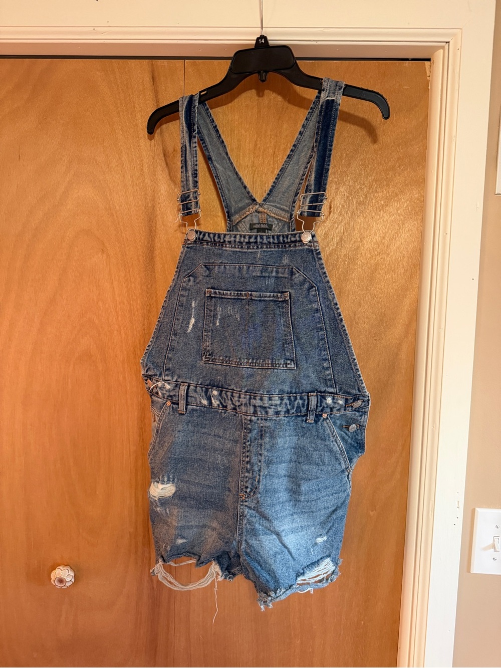 Womens Denim Short Overalls - Distressed Blue